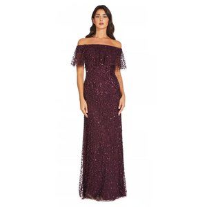 Adrianna papell ruffle off the shoulder beaded gown 12 Wine